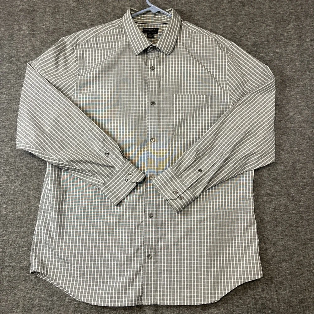 Banana Republic Shirt‎ Mens XXL Slim Fit Gray Plaid Long Sleeve Button 18-18 1/2